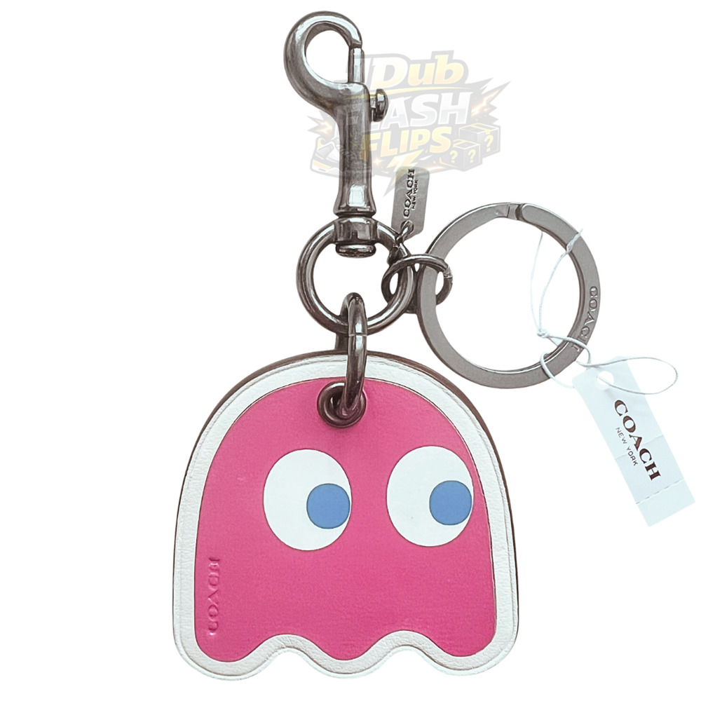 NWT COACH x PAC MAN Pink Leather Ghost Key Chain Fob Bag Charm 56752